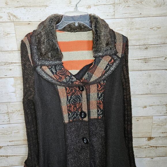 Sioni Sweater Coat Size Medium Cardigan Wool Mohair Brown Boho Cottage Patchwork - Picture 4 of 15